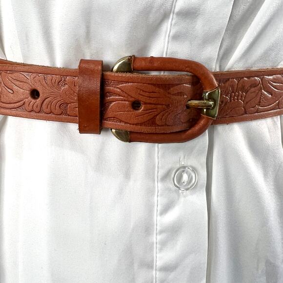 Tooled Leather Belt The Ritz Accessories Floral Motif Tan - Picture 3 of 9